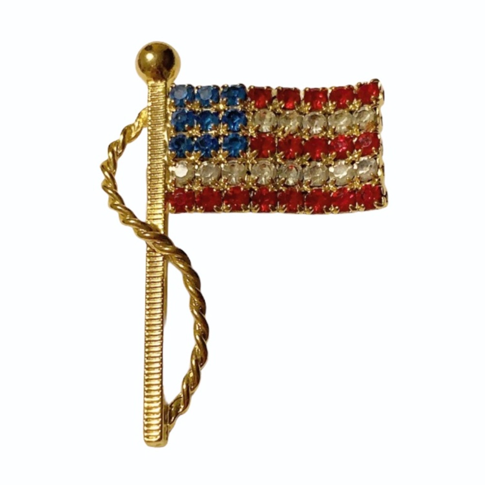 Vintage gold colorful red white blue stone American flag pin